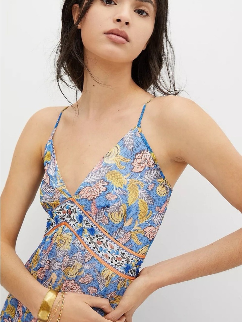 Anthropologie Blue Floral Maxi Dress with Yellow & Orange Accents